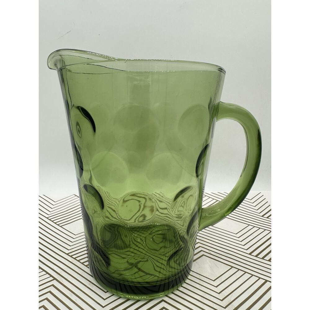 Vintage Hazel Atlas Avocado Green Glass El Dorado Pitcher 8 in.
